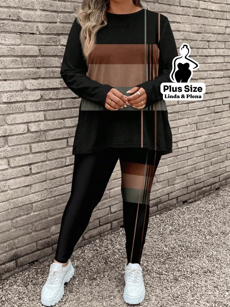 Conjunto com Blusa Listrada e Legging Estampada Plus Size Conjunto com Blusa Listrada e Legging Estampada Plus Size