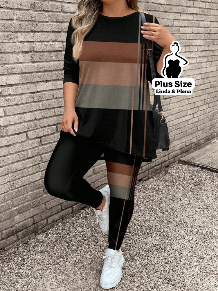 Conjunto com Blusa Listrada e Legging Estampada Plus Size Conjunto com Blusa Listrada e Legging Estampada Plus Size