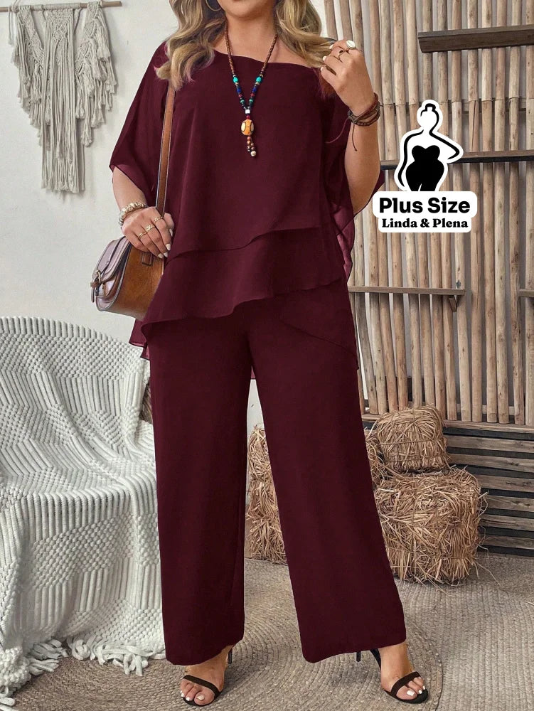 Conjunto com Blusa Ombro Vazado e Babados Plus Size Conjunto com Blusa Ombro Vazado e Babados Plus Size