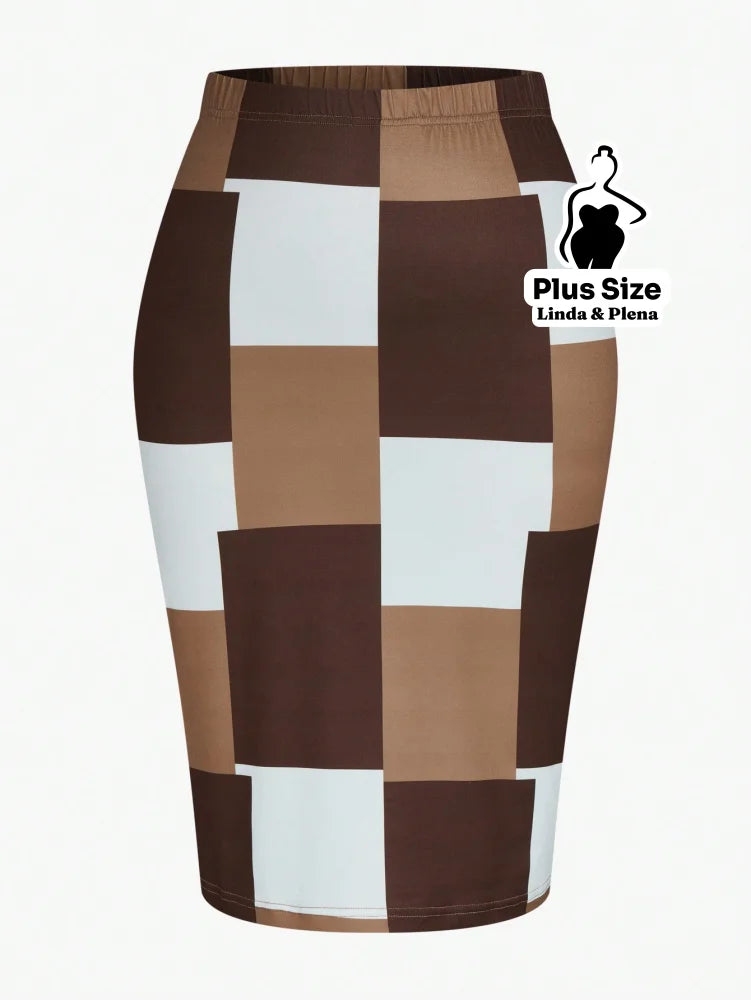 Conjunto com Blusa Peplum e Saia Justa Estampada Plus Size Conjunto com Blusa Peplum e Saia Justa Estampada Plus Size