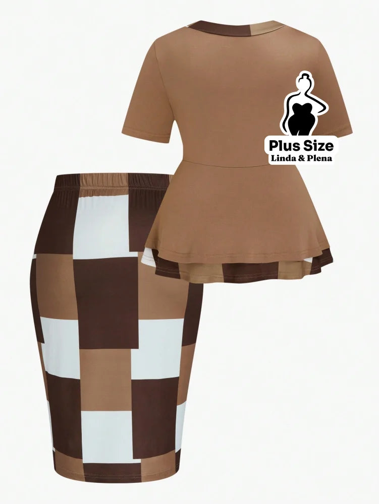 Conjunto com Blusa Peplum e Saia Justa Estampada Plus Size Conjunto com Blusa Peplum e Saia Justa Estampada Plus Size