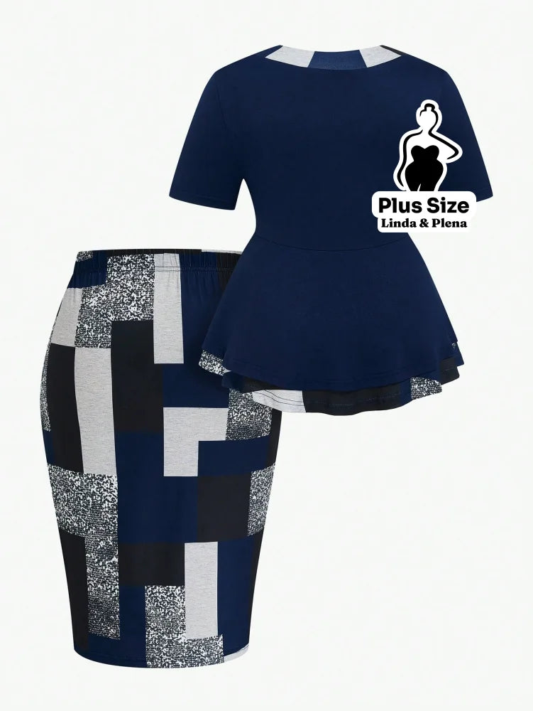 Conjunto com Blusa Peplum e Saia Justa Estampada Plus Size Conjunto com Blusa Peplum e Saia Justa Estampada Plus Size