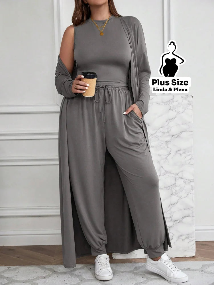 Conjunto Com Casaco Longo E Calça Comfy Plus Size Conjunto Com Casaco Longo E Calça Comfy Plus Size