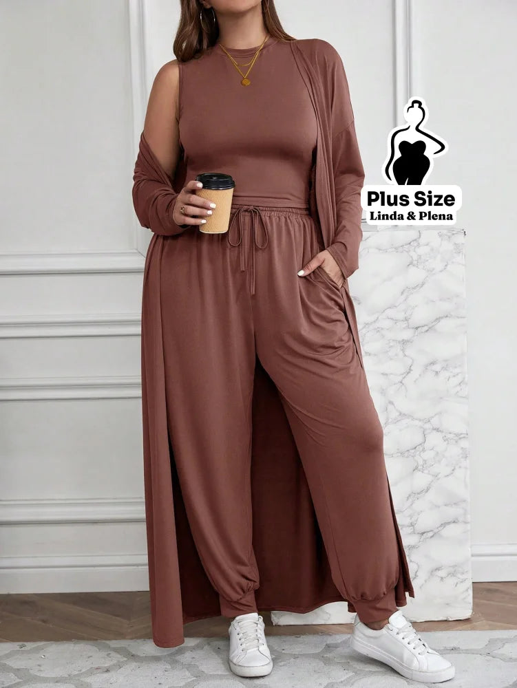 Conjunto Com Casaco Longo E Calça Comfy Plus Size Conjunto Com Casaco Longo E Calça Comfy Plus Size