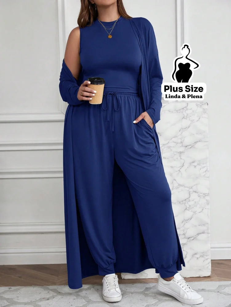 Conjunto Com Casaco Longo E Calça Comfy Plus Size Conjunto Com Casaco Longo E Calça Comfy Plus Size