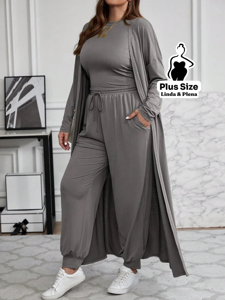 Conjunto Com Casaco Longo E Calça Comfy Plus Size Conjunto Com Casaco Longo E Calça Comfy Plus Size