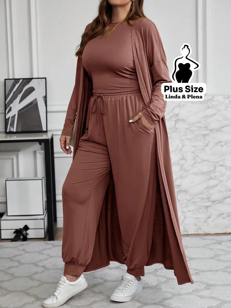 Conjunto Com Casaco Longo E Calça Comfy Plus Size Conjunto Com Casaco Longo E Calça Comfy Plus Size