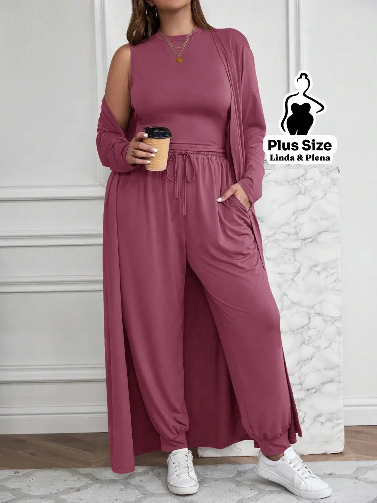 Conjunto Com Casaco Longo E Calça Comfy Plus Size Conjunto Com Casaco Longo E Calça Comfy Plus Size