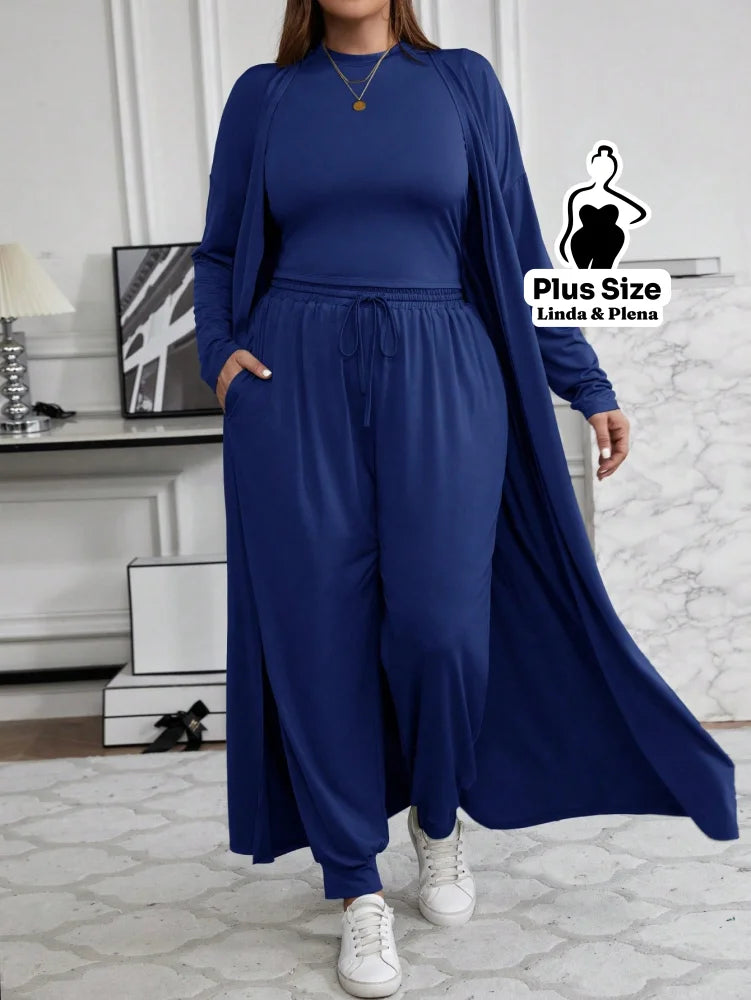 Conjunto Com Casaco Longo E Calça Comfy Plus Size Azul / G Conjunto Com Casaco Longo E Calça Comfy Plus Size