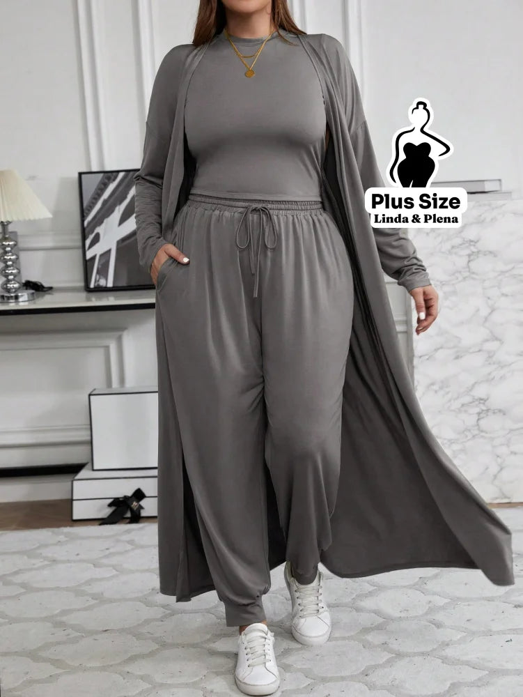 Conjunto Com Casaco Longo E Calça Comfy Plus Size Cinza / G Conjunto Com Casaco Longo E Calça Comfy Plus Size