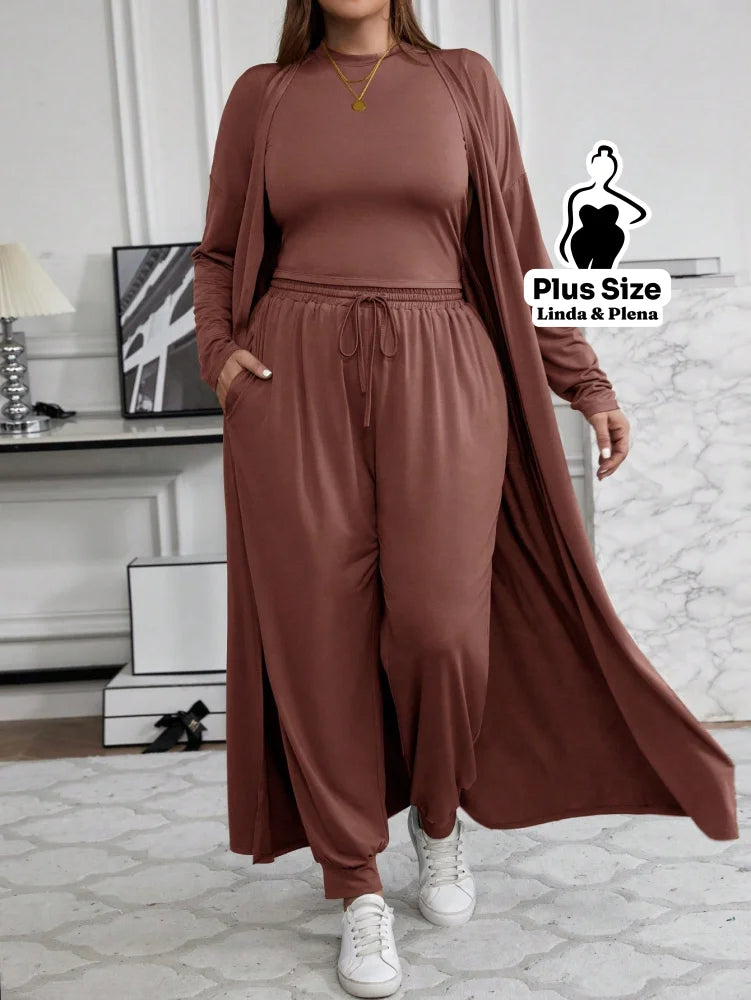 Conjunto Com Casaco Longo E Calça Comfy Plus Size Marrom Claro / G Conjunto Com Casaco Longo E Calça Comfy Plus Size