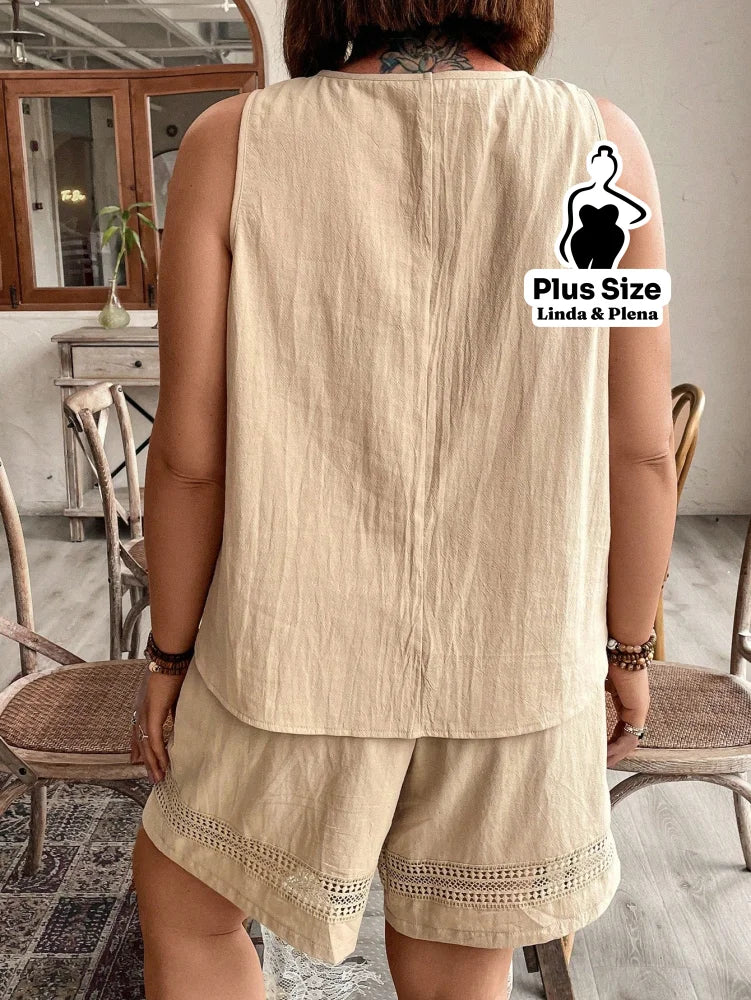 Conjunto com Regata Rendada e Shorts Solto Plus Size Conjunto com Regata Rendada e Shorts Solto Plus Size