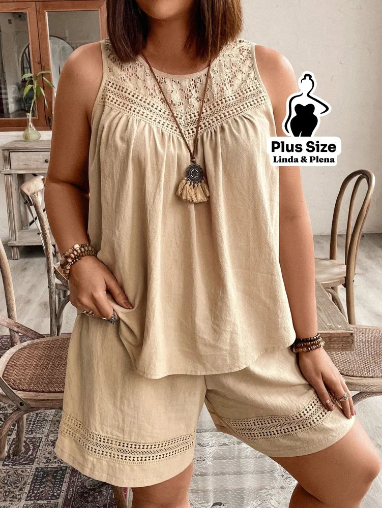Conjunto com Regata Rendada e Shorts Solto Plus Size Conjunto com Regata Rendada e Shorts Solto Plus Size