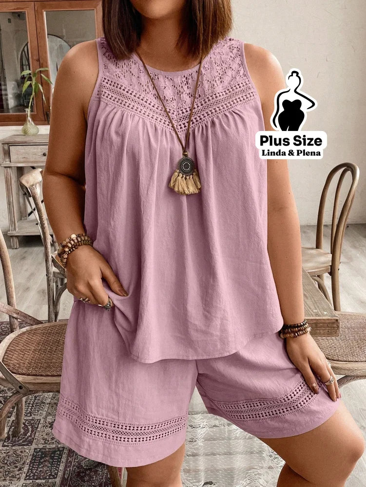 Conjunto com Regata Rendada e Shorts Solto Plus Size Conjunto com Regata Rendada e Shorts Solto Plus Size
