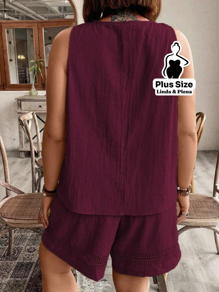 Conjunto com Regata Rendada e Shorts Solto Plus Size Conjunto com Regata Rendada e Shorts Solto Plus Size