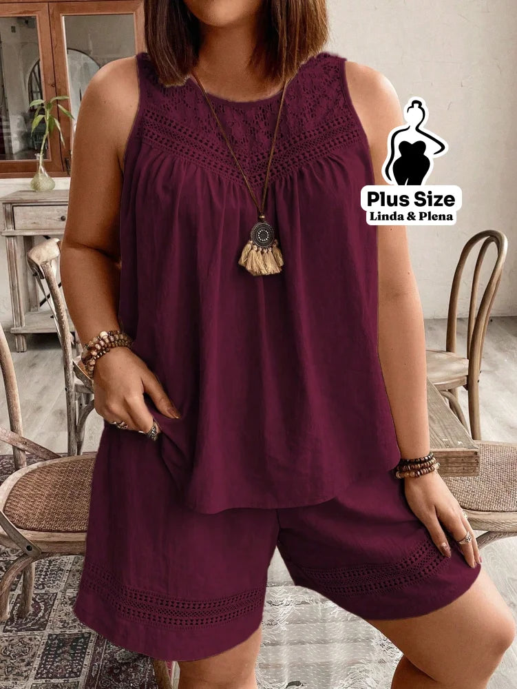 Conjunto com Regata Rendada e Shorts Solto Plus Size Conjunto com Regata Rendada e Shorts Solto Plus Size