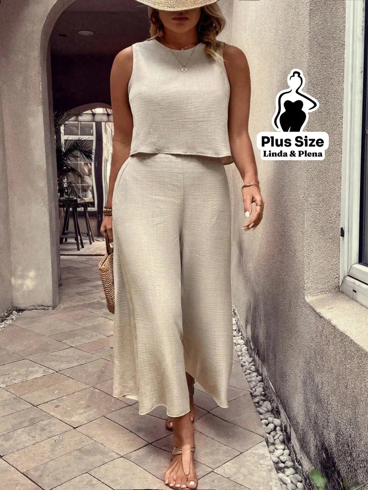 Conjunto Com Regata Solta E Calça Pantalona Plus Size Conjunto Com Regata Solta E Calça Pantalona Plus Size