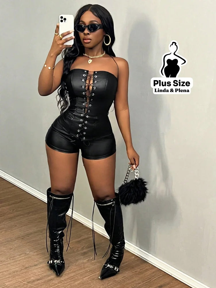 Conjunto Corselet De Couro Fake Com Shortinho Plus Size Conjunto Corselet De Couro Fake Com Shortinho Plus Size