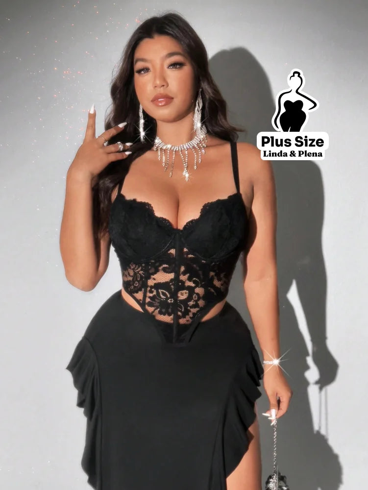 Conjunto Corselet Renda Com Saia Assimétrica Fenda Plus Size Conjunto Corselet Renda Com Saia Assimétrica Fenda Plus