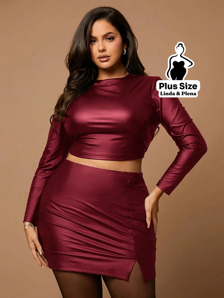 Conjunto Couro Fake Com Cropped E Saia Justa Plus Size Conjunto Couro Fake Com Cropped E Saia Justa Plus Size