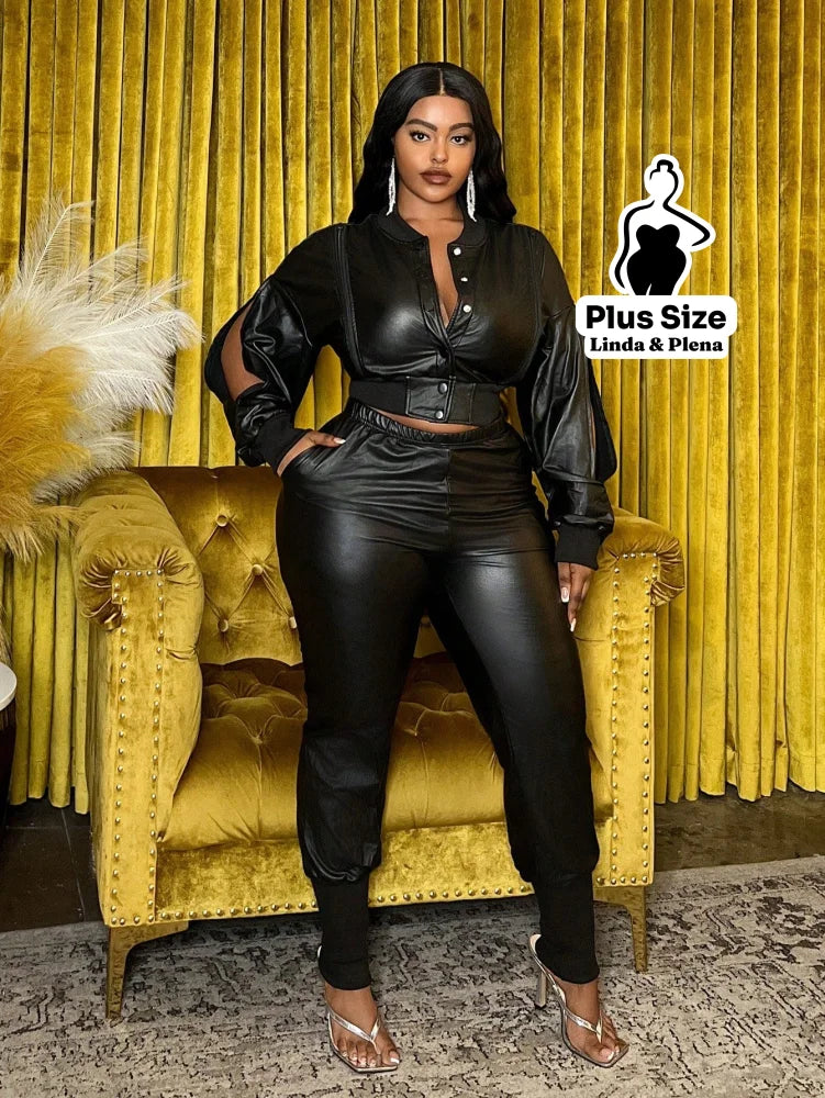 Conjunto Couro Fake Com Jaqueta Cropped E Calça Jogger Plus Size Conjunto Couro Fake Com Jaqueta Cropped E Calça Jogger