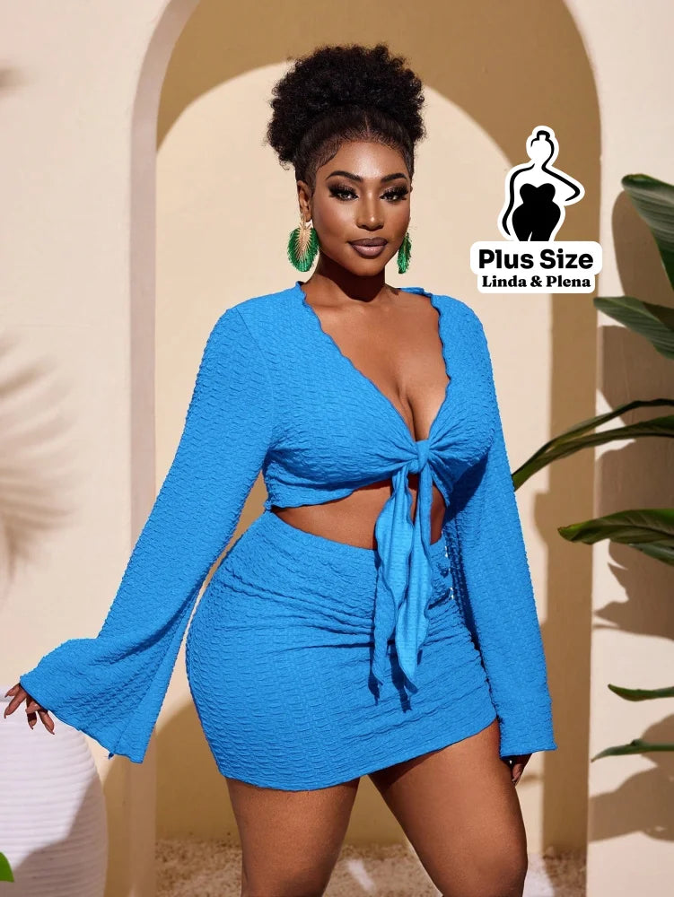 Conjunto Cropped Amarração Frente Com Saia Curta Plus Size Conjunto Cropped Amarração Com Saia Longa Plus Size