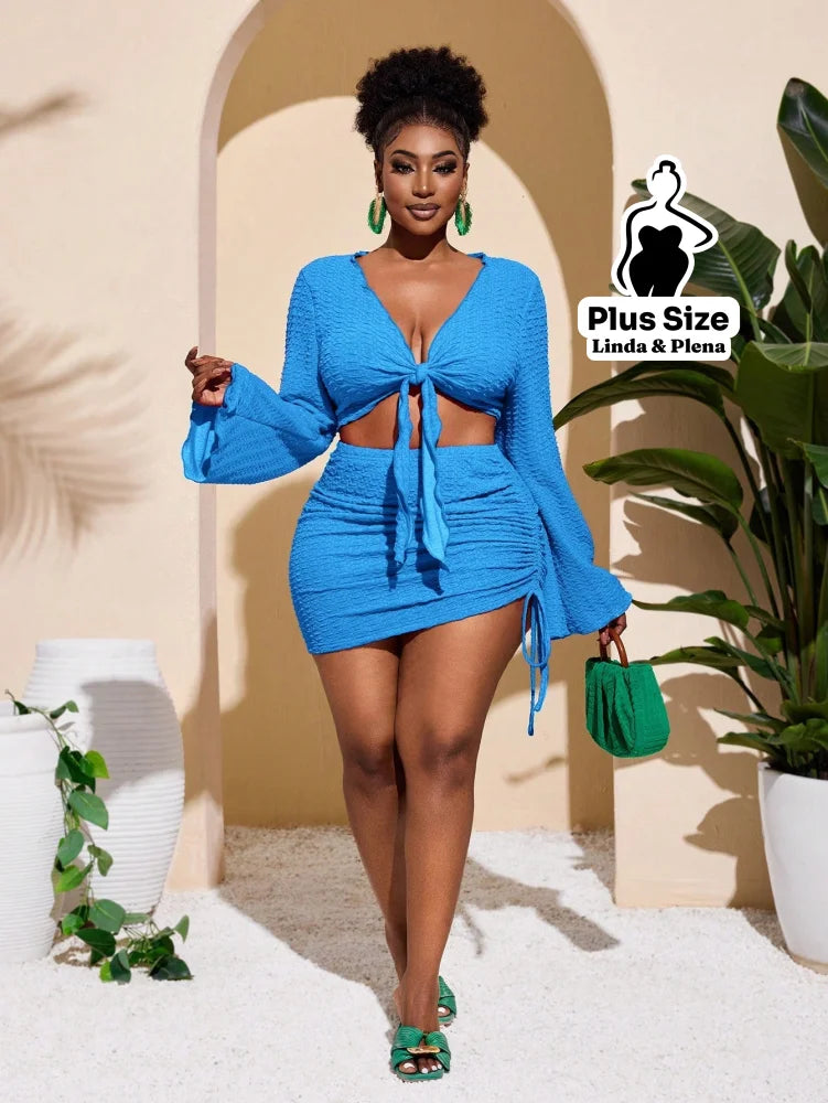 Conjunto Cropped Amarração Frente Com Saia Curta Plus Size Conjunto Cropped Amarração Com Saia Longa Plus Size