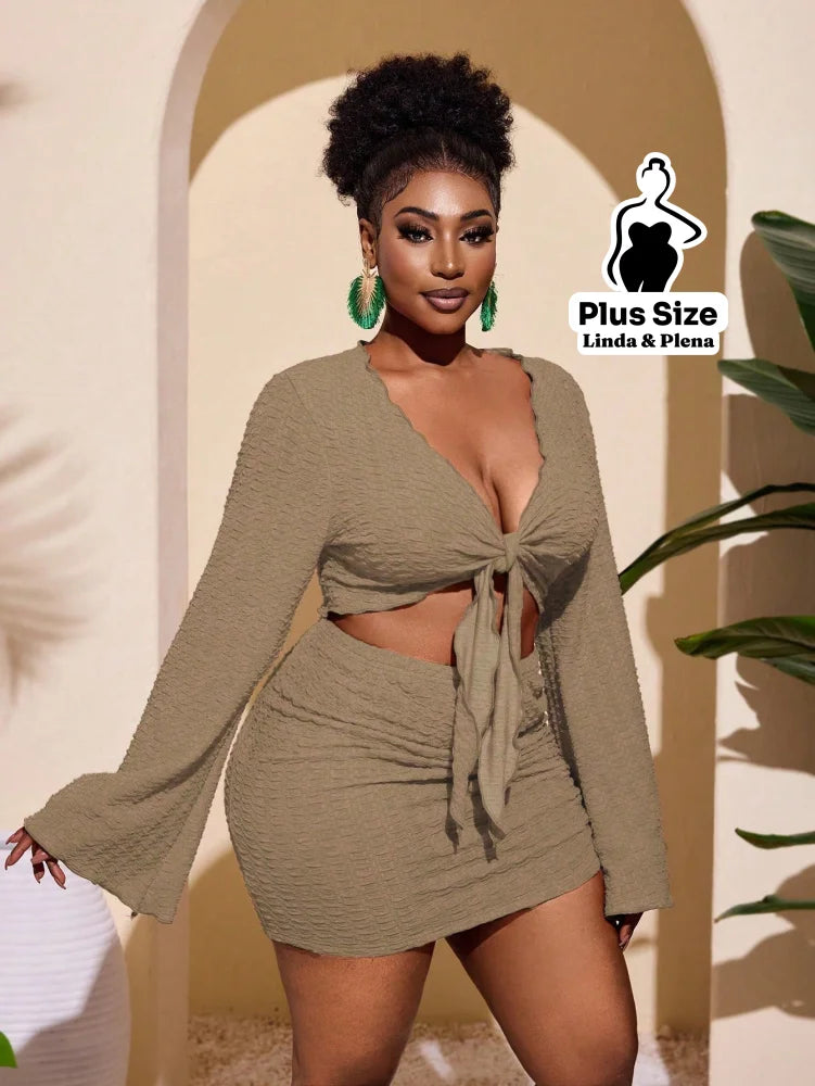 Conjunto Cropped Amarração Frente Com Saia Curta Plus Size Conjunto Cropped Amarração Com Saia Longa Plus Size