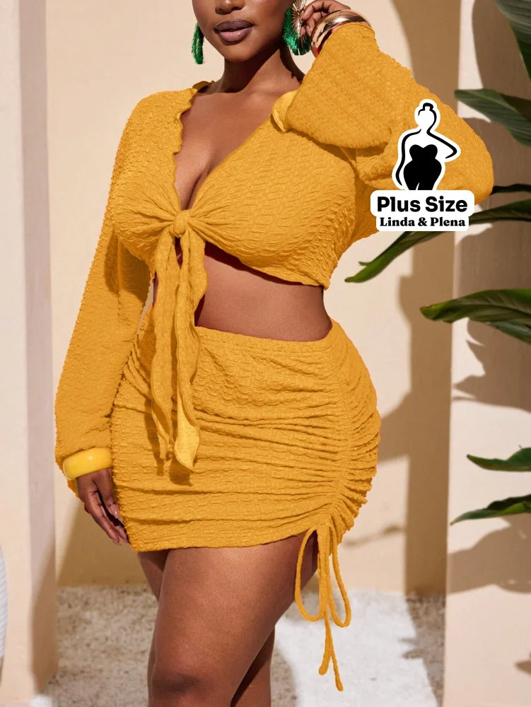 Conjunto Cropped Amarração Frente Com Saia Curta Plus Size Conjunto Cropped Amarração Com Saia Longa Plus Size