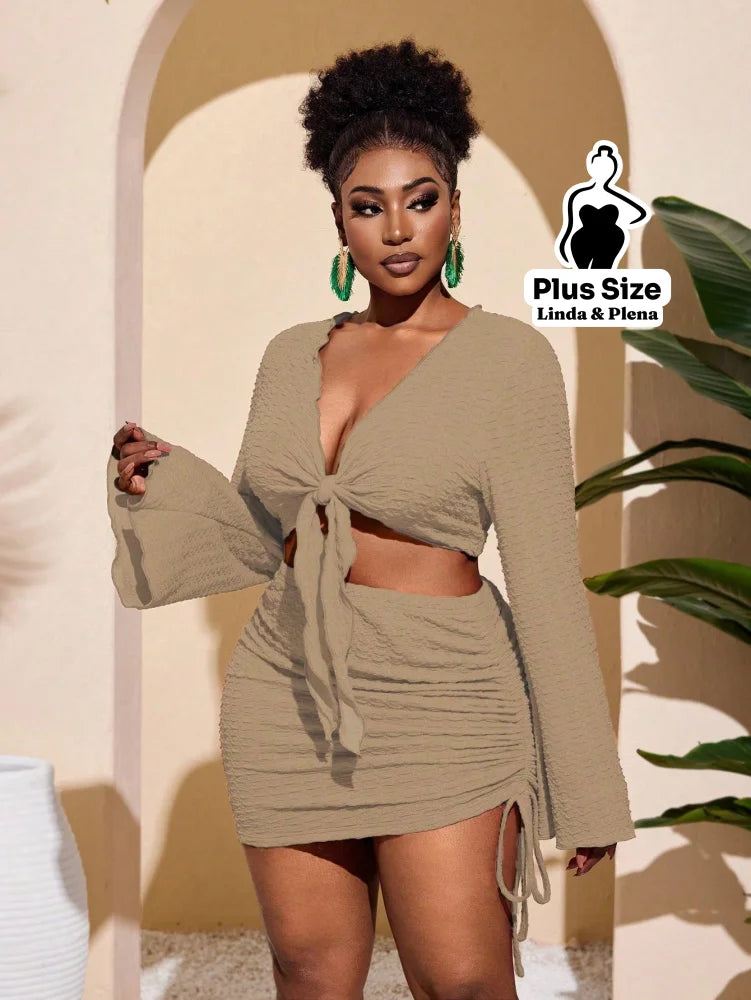 Conjunto Cropped Amarração Frente Com Saia Curta Plus Size Conjunto Cropped Amarração Com Saia Longa Plus Size