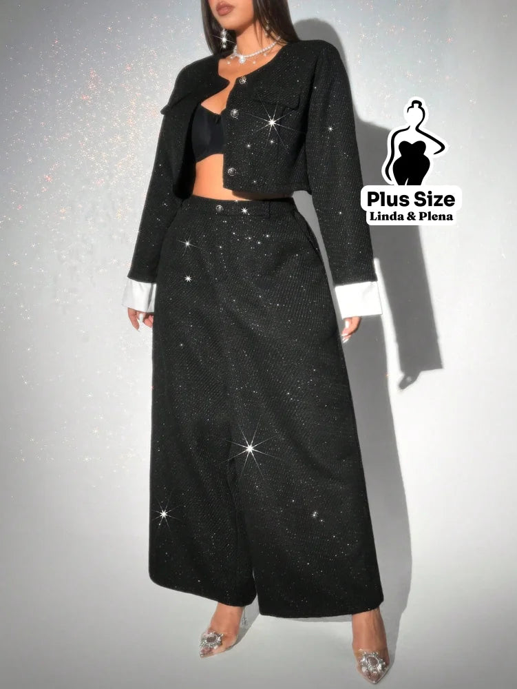 Conjunto Cropped Brilhante Com Botões E Calça Social Plus Size Conjunto Cropped Brilhante Com Botões E Calça Social