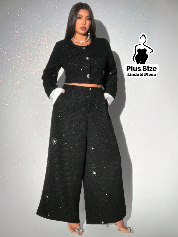 Conjunto Cropped Brilhante Com Botões E Calça Social Plus Size Conjunto Cropped Brilhante Com Botões E Calça Social