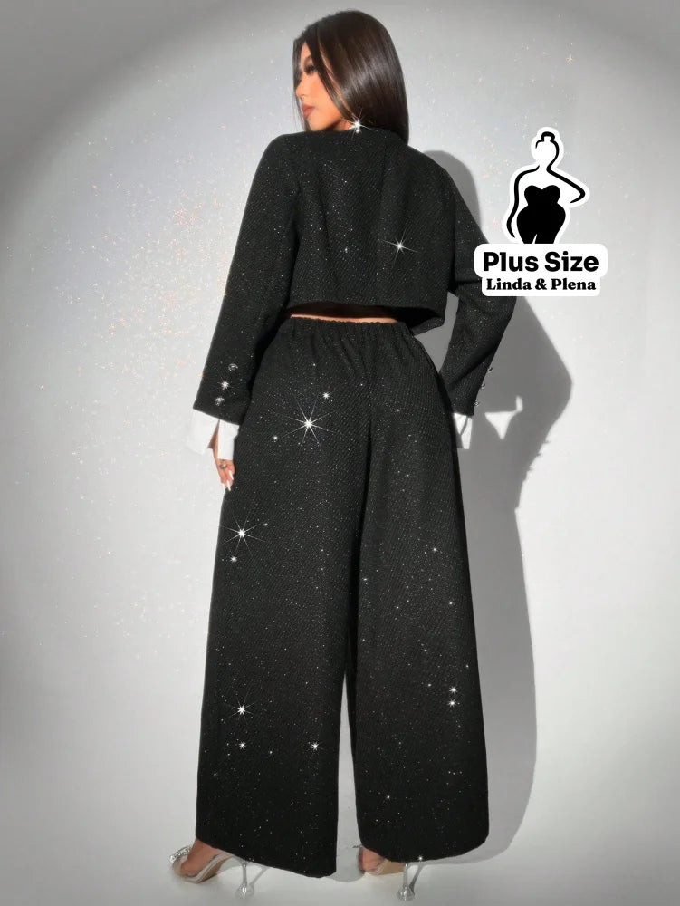 Conjunto Cropped Brilhante Com Botões E Calça Social Plus Size Conjunto Cropped Brilhante Com Botões E Calça Social
