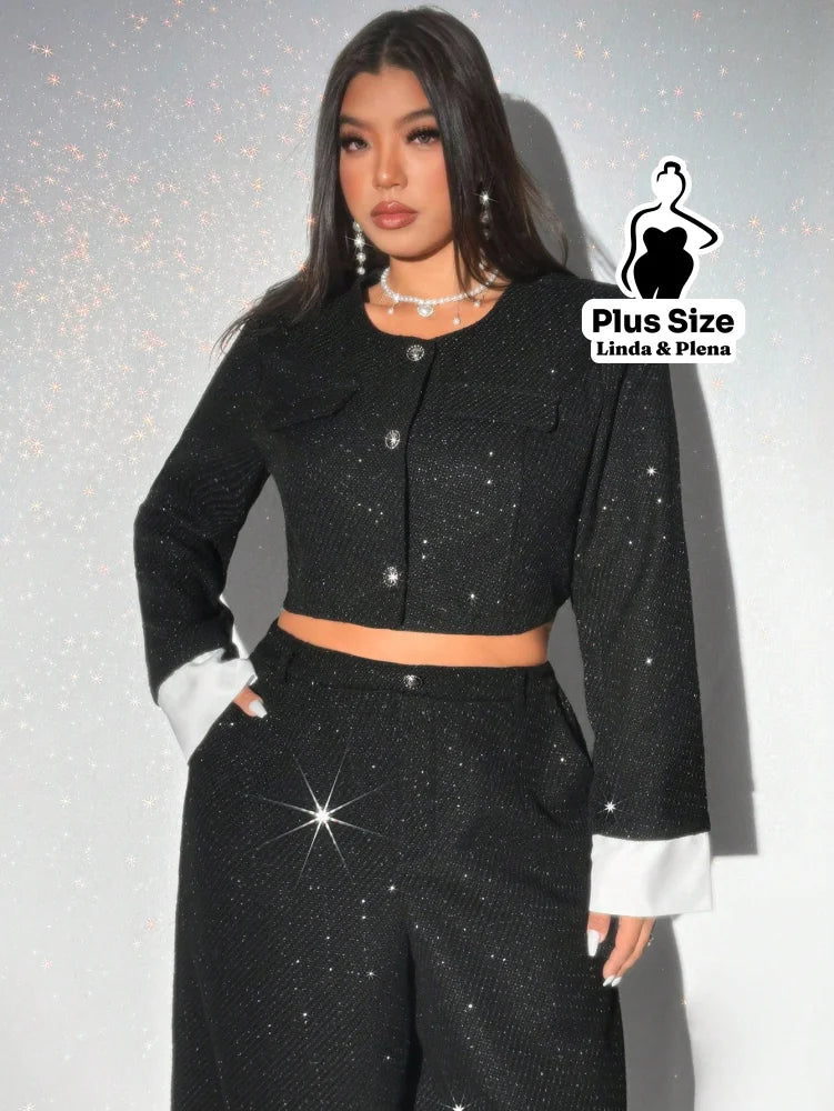 Conjunto Cropped Brilhante Com Botões E Calça Social Plus Size G Conjunto Cropped Brilhante Com Botões E Calça Social