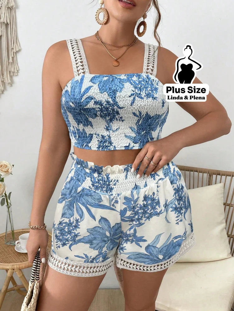 Conjunto Cropped Com Alça E Short Estampado Plus Size Conjunto Cropped Com Alça E Short Estampado Plus Size