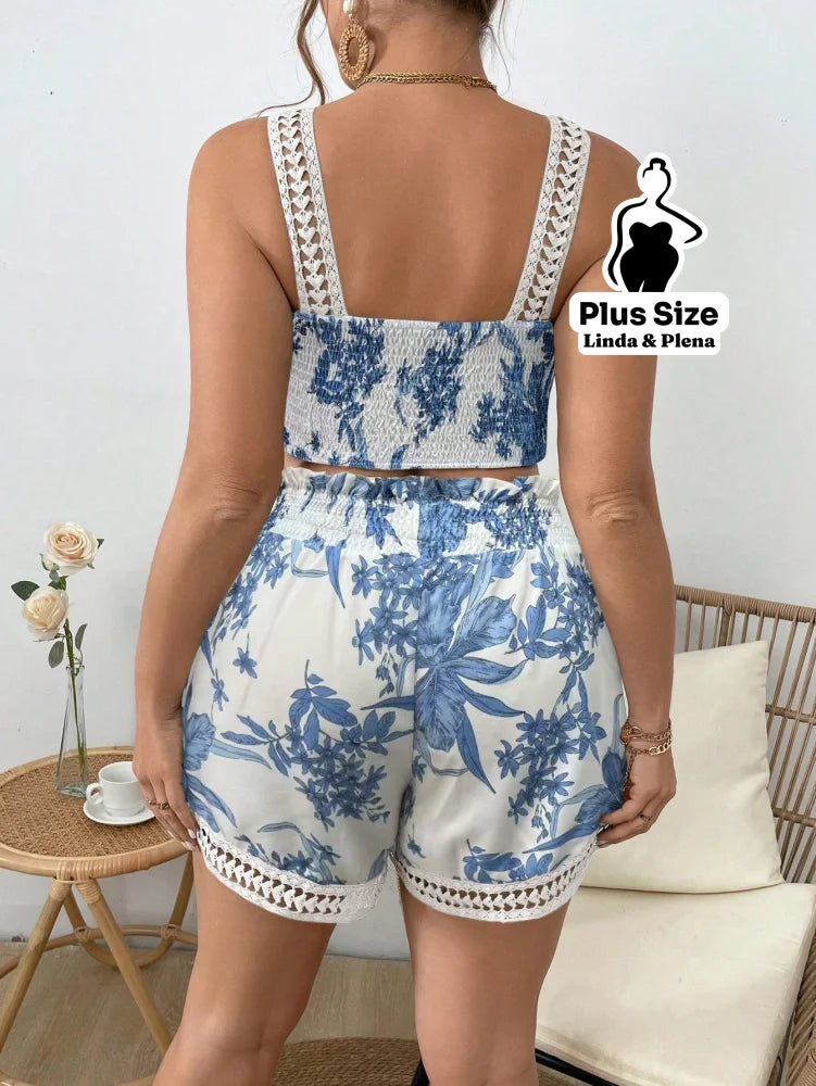 Conjunto Cropped Com Alça E Short Estampado Plus Size Conjunto Cropped Com Alça E Short Estampado Plus Size