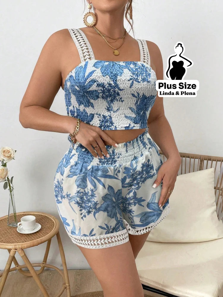 Conjunto Cropped Com Alça E Short Estampado Plus Size Conjunto Cropped Com Alça E Short Estampado Plus Size