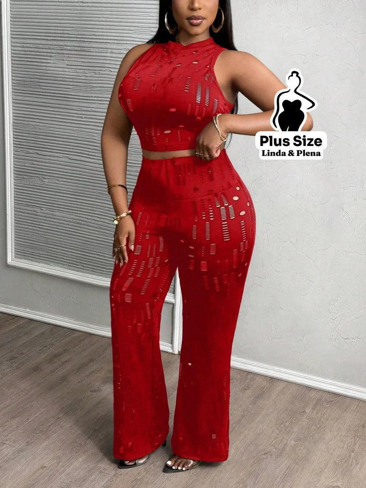 Conjunto Cropped Com Calça Flare Em Tule Plus Size Conjunto Cropped Com Calça Flare Em Tule Plus Size