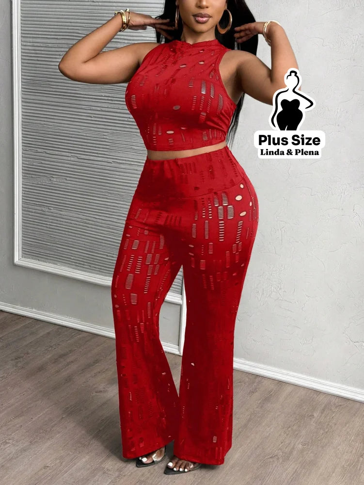 Conjunto Cropped Com Calça Flare Em Tule Plus Size Conjunto Cropped Com Calça Flare Em Tule Plus Size