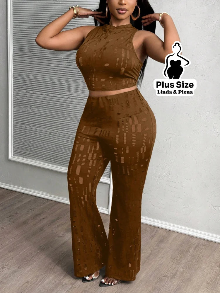 Conjunto Cropped Com Calça Flare Em Tule Plus Size Conjunto Cropped Com Calça Flare Em Tule Plus Size