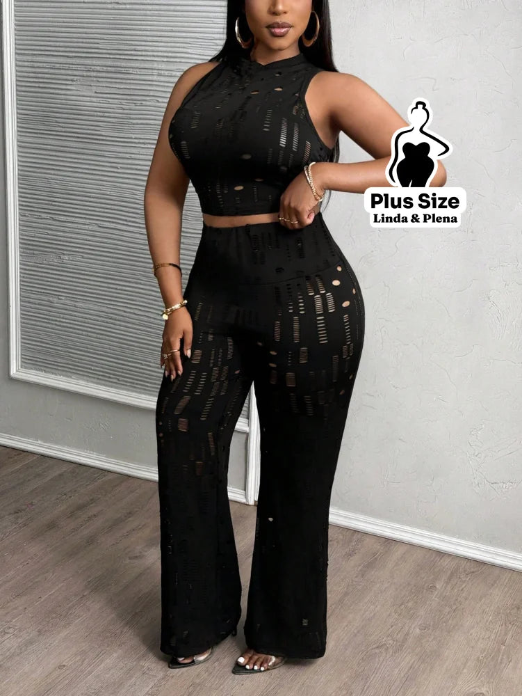 Conjunto Cropped Com Calça Flare Em Tule Plus Size Conjunto Cropped Com Calça Flare Em Tule Plus Size