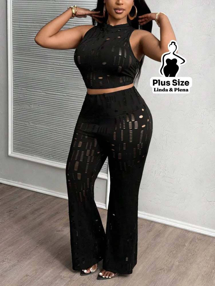 Conjunto Cropped Com Calça Flare Em Tule Plus Size Conjunto Cropped Com Calça Flare Em Tule Plus Size