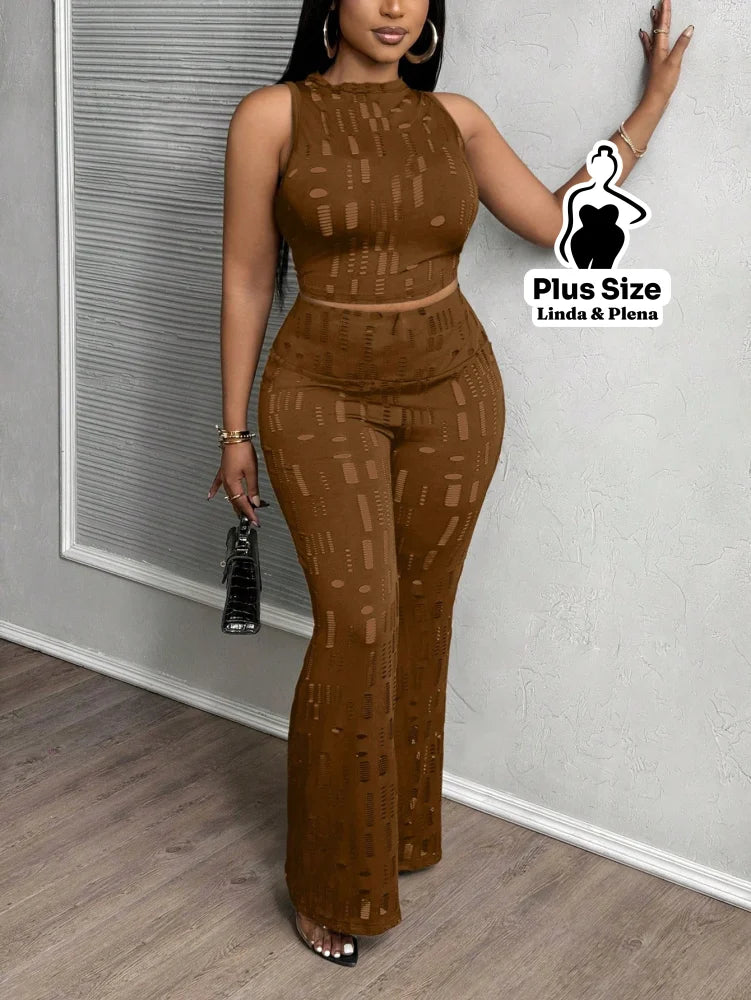Conjunto Cropped Com Calça Flare Em Tule Plus Size Castanho / G Conjunto Cropped Com Calça Flare Em Tule Plus Size