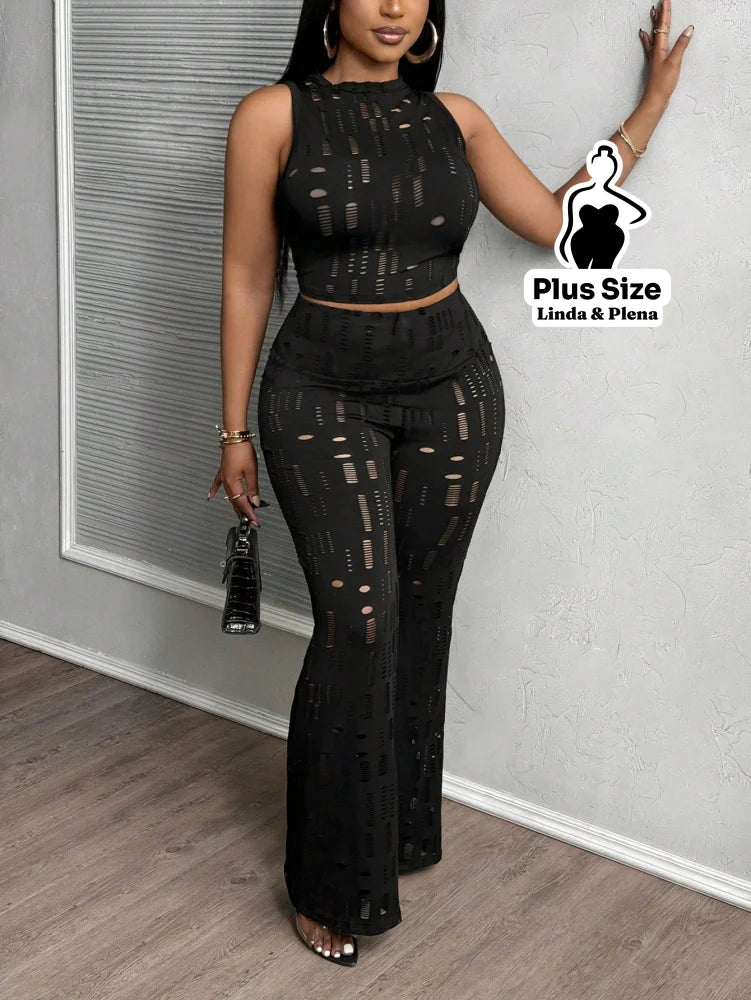 Conjunto Cropped Com Calça Flare Em Tule Plus Size Preto / G Conjunto Cropped Com Calça Flare Em Tule Plus Size