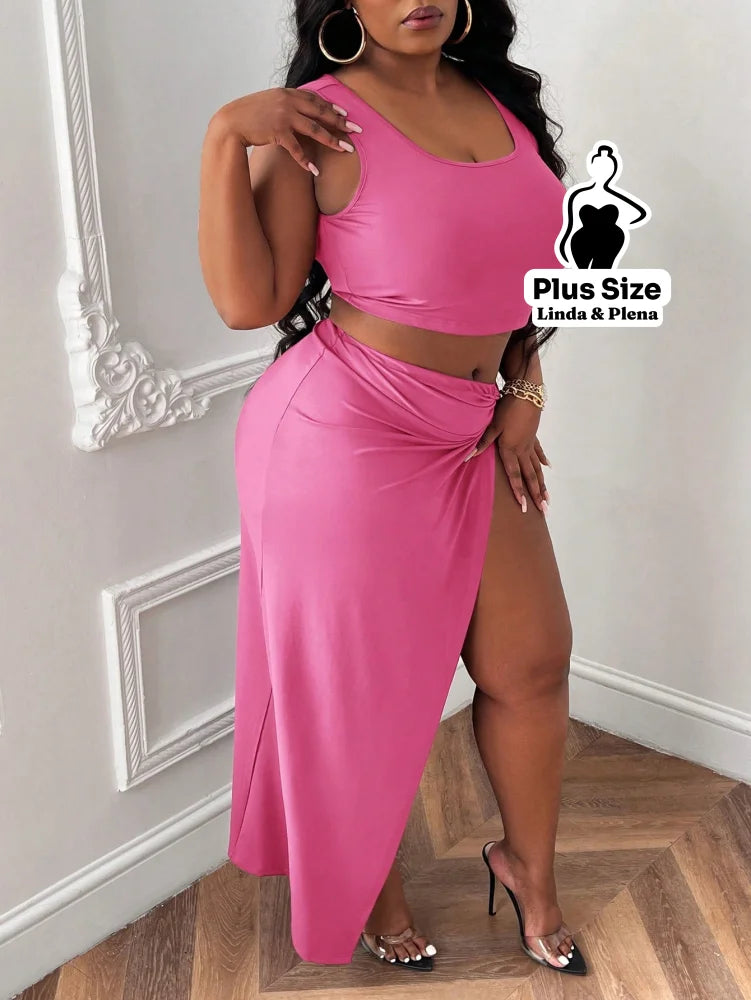 Conjunto Cropped Com Saia Longa E Fenda Lateral Plus Size Conjunto Cropped Com Saia Longa E Fenda Lateral Plus Size