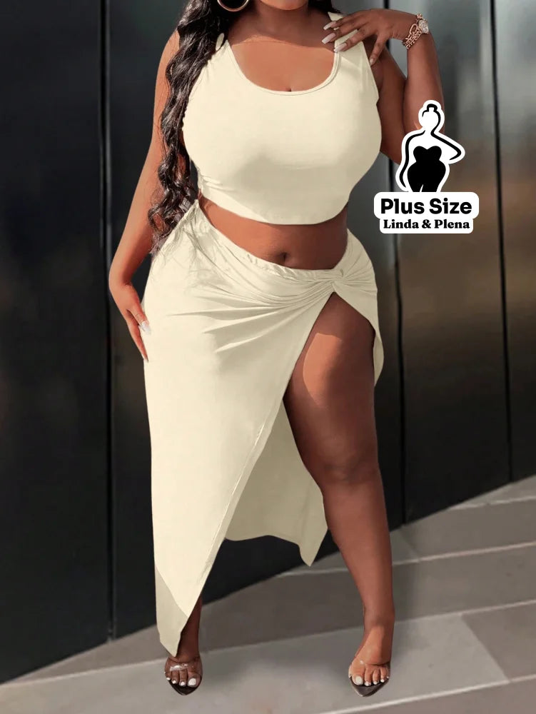 Conjunto Cropped Com Saia Longa E Fenda Lateral Plus Size Conjunto Cropped Com Saia Longa E Fenda Lateral Plus Size