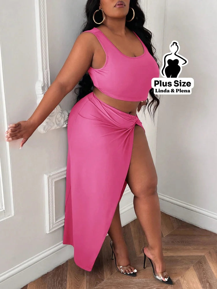Conjunto Cropped Com Saia Longa E Fenda Lateral Plus Size Conjunto Cropped Com Saia Longa E Fenda Lateral Plus Size
