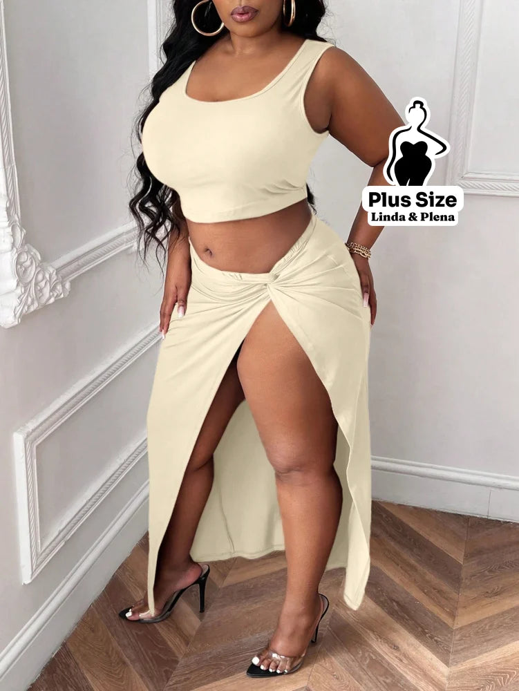 Conjunto Cropped Com Saia Longa E Fenda Lateral Plus Size Conjunto Cropped Com Saia Longa E Fenda Lateral Plus Size
