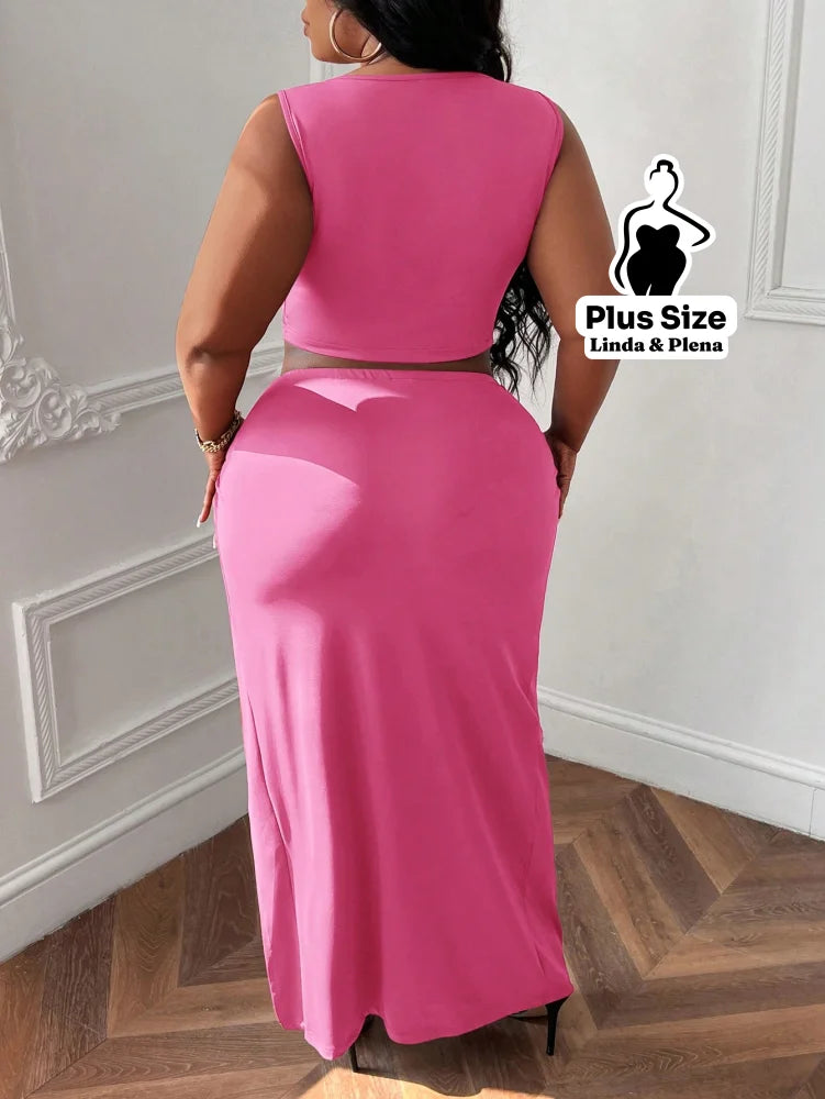 Conjunto Cropped Com Saia Longa E Fenda Lateral Plus Size Conjunto Cropped Com Saia Longa E Fenda Lateral Plus Size