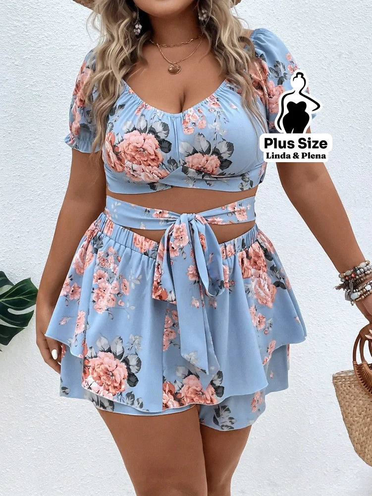 Conjunto Cropped Decote V Manga Curta Saia Camadas Plus Size Conjunto Cropped Decote V Manga Curta Saia Camadas Plus